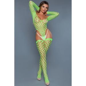 Alluring Fishnet Bodysuit Long Sleeve Top Fishnet Hosiery neon green